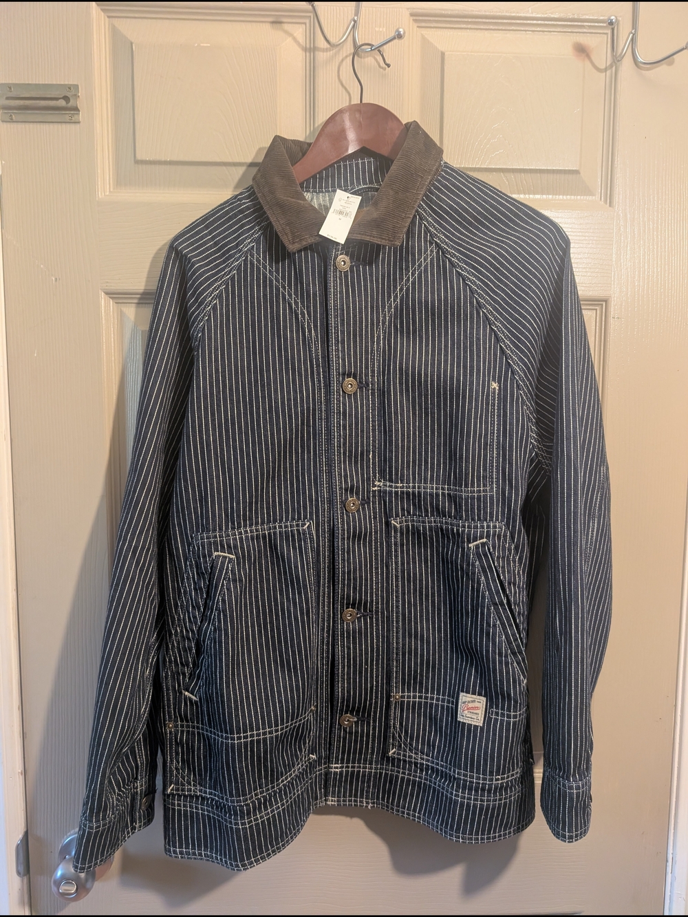 GAP Black & White Pinstripe Chore Jacket with Brown Collar - Picture 2 of 4
